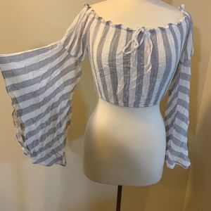 American Threads Bell Sleeve Crop Top Blue/wht